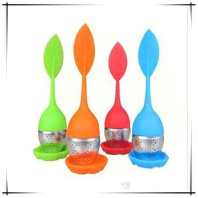Silicon Tea Infuser Leaf Silicone Tea Infuser nrog cov Zaub Mov Qom Muab Tshuaj Yej Hnab Lim Muaj Yeeb Yam Khoom Stainless Hlau Ntaus Zaub Mov Qib